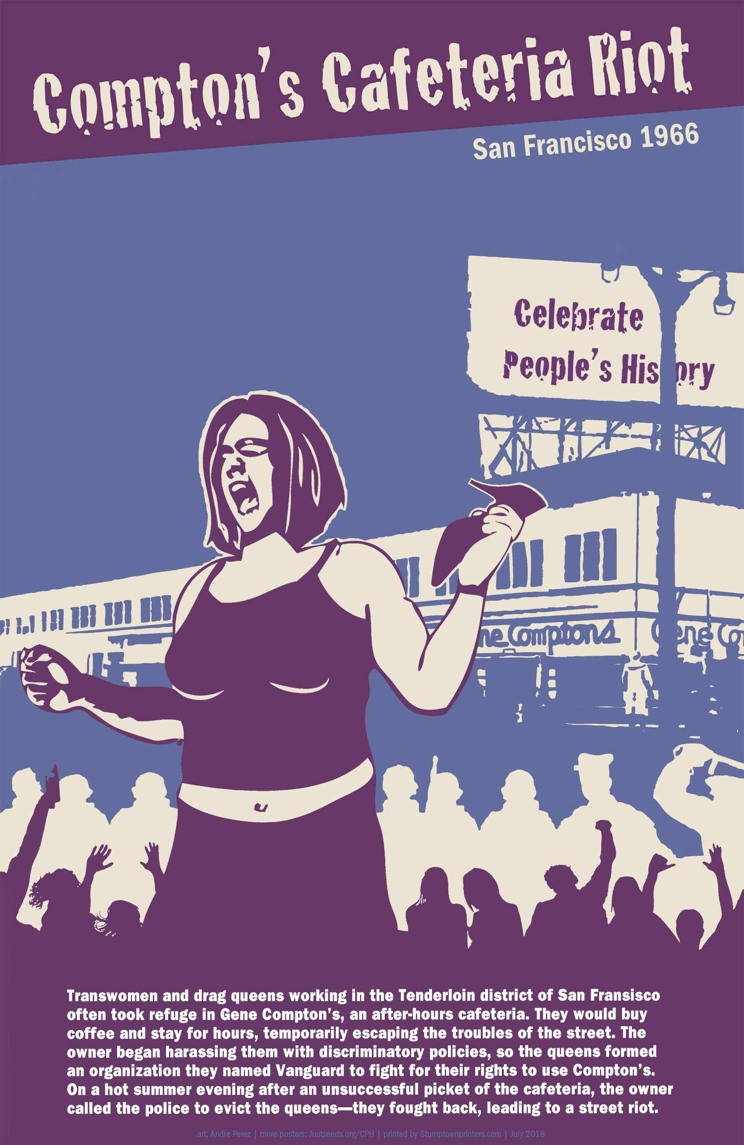 This is a white, purple, blue poster where there is a woman shouting on the left side of the image and silhouettes of people in the background.